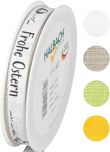 Halbach Geschenkband Frohe Ostern, 15 mm x 20 m, weiß/schwarz | Druckband mit Leinenkanten, Made in Germany, Öko-Tex 100 zertifiziert und waschbar zum dekorieren an Ostern