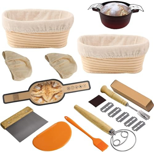 Set de 8 herramientas para hacer pan de masa madre – 2 cestas de fermentación ovaladas de 25 cm, bandeja de silicona, batidor danés, raspador, brocha y más