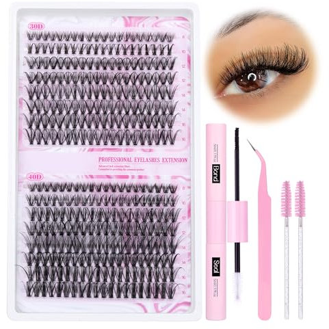 Wimpernverlängerung Kit D Curl mit 320pcs Individuellen Extensions, Cluster Lash Bond und Seal Tweezer, Brush