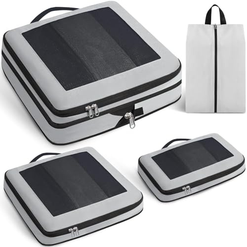 Prezon Large Compression Packing Cubes, Full Open Visible Design， Expandable Packing Organizer with Travel Shoe Bag for Suitcase & Backpack, 4 Set Lightweight Travel Bags for Vacation & Camping