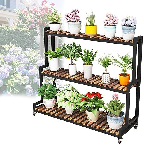 RAABYU PflanzenständerBlumenregal aus Metall Outdoor Pflanzenständer 2 Ebenen 3 Ebenen Pflanzenregal Weiß Schwarz Holz Breite 80cm 100cm 120cm Blumenständer