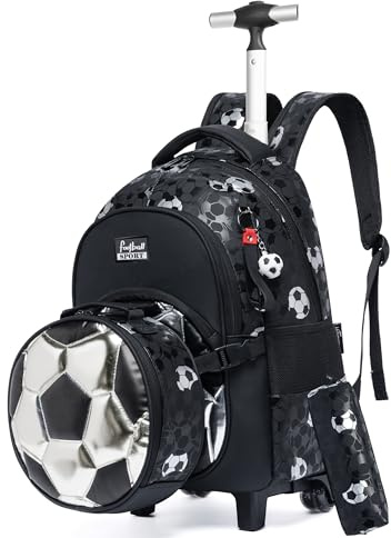 HTgroce fútbol Mochila Chico Escolar con Ruedas,Niños Trolley Escolar Estudiantes de Primaria Carros para Mochilas Bolsa de Almuerzo Estuche Escolares Equipaje de Viaje