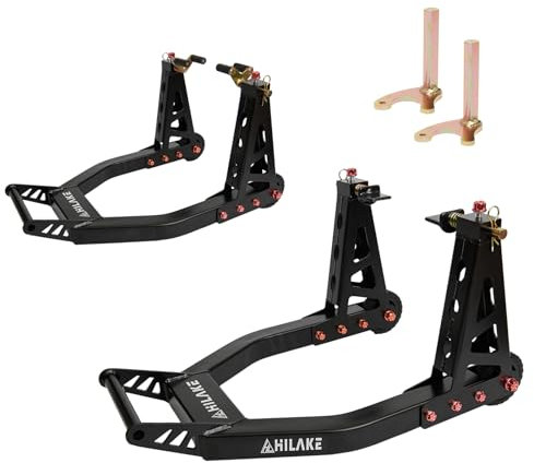 HILAKE Aluminum Motorcycle Stands Front and Rear 880lbs Heavy Duty Wheel Lift Combo Swingarm Spool Peddock Stand for Yamaha Honda Kawasaki Suzuki U+L Black