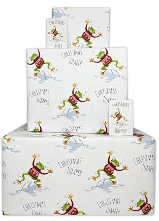 Twizler Lustiges Weihnachts-Geschenkpapier – Frosch-Weihnachtspullover – 4 Bögen & 4 Anhänger – 70 cm x 50 cm gefaltete Blätter – lustiges Weihnachts-Geschenkpapier
