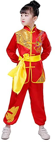TREWQ Kinder Kung Fu Uniform Kampfkunst Training Kleidung mit Gürtel traditioneller chinesischer Drachen Performance Keeing red-160cm