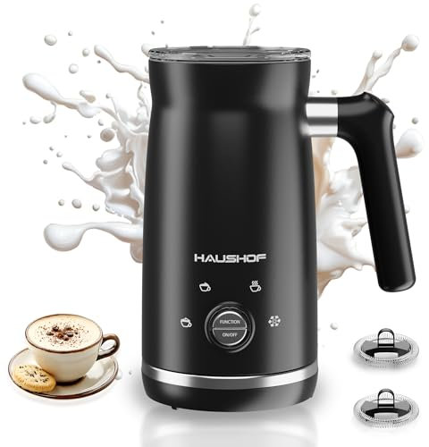 HAUSHOF 4-in-1 Electric Milk Frother with 300ml Large Capacity, Auto-Shut-Off Milk Frother with Dual-Switch, Warm and Cold Foam Maker for Latte, Coffee, Cappuccino