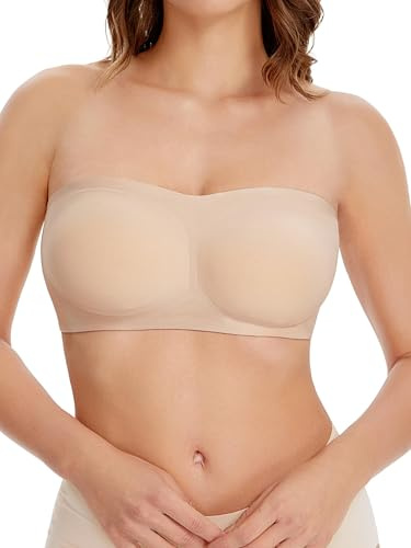 HBselect Damen Bandeau BH ohne Bügel Gepolsterter Bralette Bügelloser T-Shirt BHS Tube Top BH für Frauen Mädchen XL Hellbeige