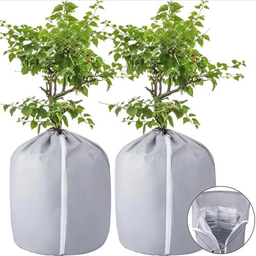 NSXIN 2 Stück Thermo Topfschutz für Pflanzen Winter Topfpflanzen, Frostschutz Schutzbeutel für Pflanzen Winterschutz für Kübelpflanzen mit Zugband und Reißverschluss (2 Stück-Ø45cm*H50cm,Silber)