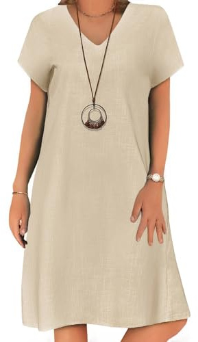 Zeagoo Vestito Casual Donna Estate Abito in Lino al Ginocchio a Manica Corta Vestito con Scollo a V T-Shirt Casual Vestito con Tasche Abiti A Line Midi Corto Sciolto Beige XL