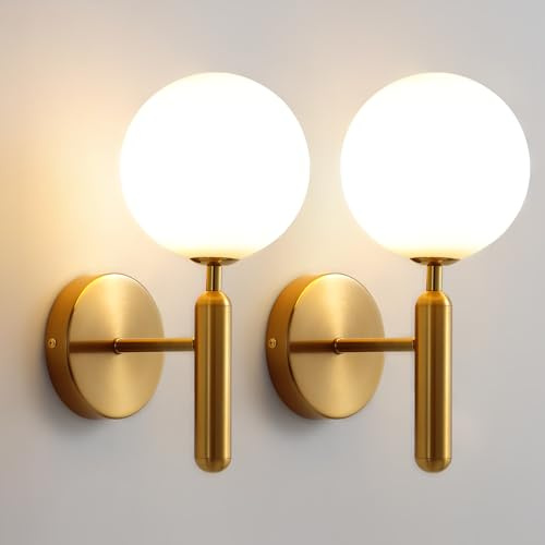 JUJUQI Moderne Gold Wandleuchte 2 Stück,Vintage Wandlampe mit Glasschirm für Wohnzimmer Schlafzimmer Nachttisch Esszimmer Hotel