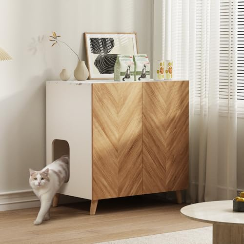 DAWNYIELD Mueble para Arenero de Gato, Mueble de Baño para Gatos con Puerta Doble y Agujeros de Ventilación, Casa para Gatos con Patrón Espina de Pescado, Armario para Esconder la Arena, Blanco