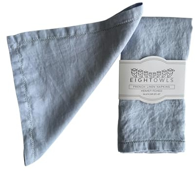 Hemstitched Linen Napkins – 50 cm x 50 cm - Stonewashed Pure Linen Cloth Napkins with Mitered Corners – Set of 4 (Dusty Blue)