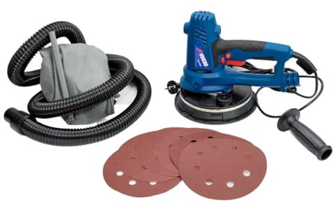 Levigatrice a secco a mano con luce LED DEDRA, 750 W, 1500-2700 giri/min, 180 mm, per la lavorazione del gesso, con aspirazione della polvere, peso 3,1 kg, cavo lungo 4 m