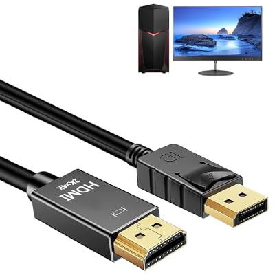 DisplayPort to HDMI Cable 1.8m, 4K@30Hz Uni-Directional DP to HDMI Lead | Gold-plated connectors, aluminium shell, nylon braided audio video cable for PC, desktop, monitor, TV, projector