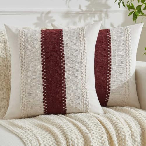 Fundas Cojines 40x40 Rojo Burdeos Boho Moderno Decorativa Funda de Cojin Bohemio Suave Algodón Lino Almohada Sofa Cojín Cuadrado para Sofá, Sala de Estar, Jardín, Decoración del Hogar Juego 2