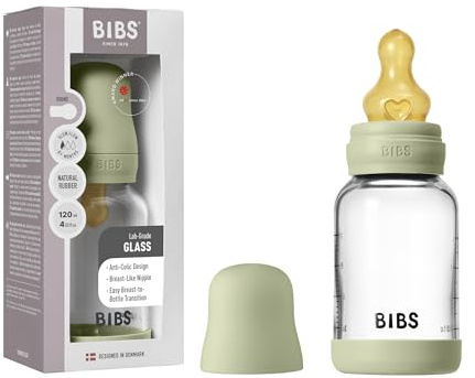 BIBS Baby Glass Bottle. 120ml Biberon en verre. Anti-colique. Embout rond en latex de caoutchouc naturel. Favorise l’allaitement naturel, 120ml, Complete Set - Sage