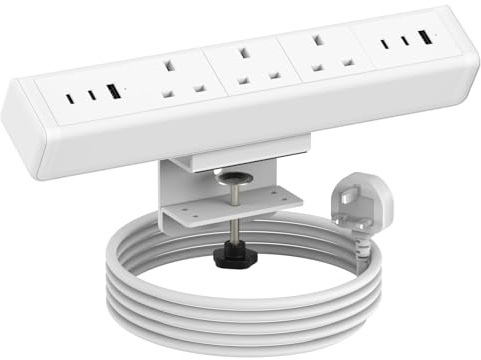 Desk Power Socket with USB C, Haiaoyyds Aluminium Alloy Desktop Power Strip with 3 UK Plugs, 6 USB Ports, and 1.8M Cable, Desk Extension Lead for Office Home(White)