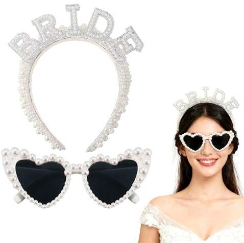 Axvxby Bride Hochzeitszubehör-Set, Bride to Be, Bride Perlen Haarreif Bride Haarreif Herz Sonnenbrille Herzbrille, Junggesellenabschied Frauen, Bride to Be Accessoires Braut Bachelorette Party Deko