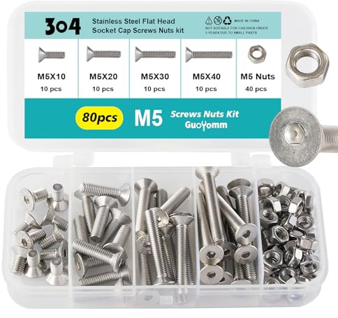 GuoYomm 80 pezzi M5 viti a testa svasata in acciaio inox con dadi 304, vite a testa svasata, argento antiruggine, con esagono interno, viti a testa svasata con filettatura metrica regolare, lunghezze