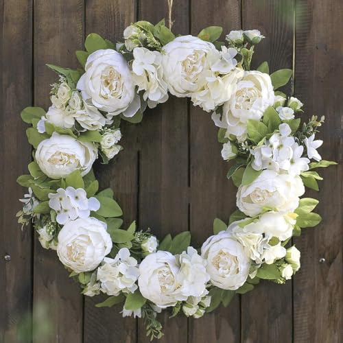 Corona Artificiale di Ortensie 50 cm per Porta, Ghirlanda Fiori Finti per Porta d'Ingresso, Ideale per Pasqua, Casa, Giardino, Matrimoni (Decorazioni per Esterno/Interno) (Bianco)