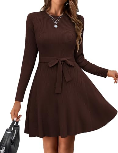 HOTOUCH Jumper Dresses for Women UK Casual Long Sleeve A-Line Dress Bodycon Knitted Dress with Belt S-XXL