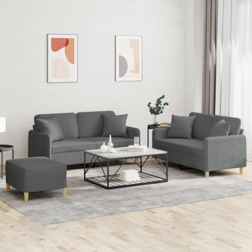 KATERYY 3-TLG. Sofagarnitur mit Kissen Dunkelgrau Stoff Möbel Wohnzimmer