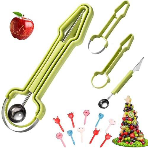 13 Stück Obstschneider Set, Avocado Schneider 3 in 1 | Edelstahl und Kunststoff, mit Kugelausstecher und 10 Cartoon-Zahnstochern, für Avocado, Melone, Mango und Obstteller