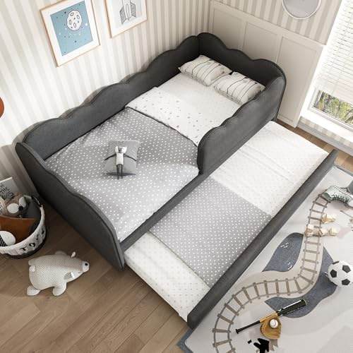 Kebnor Polsterbett Daybett 90x190cm,Tagesbett Schlafsofa mit Ausziehbett 90x190cm, Kinderbett mit Lattenrost, ohne Matratze (Leinen, Grau)
