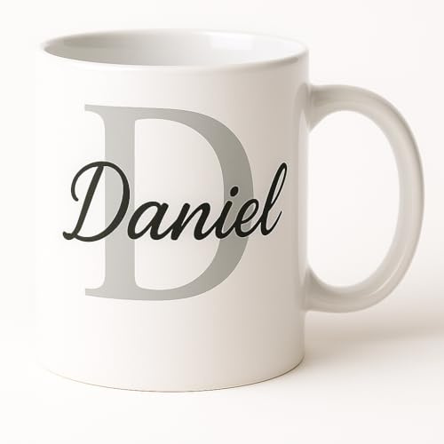 Vacso Trading Personalised Initial Mug – Custom Letter & Name in 5 Colours (Red, Lilac, Army Green, Grey, Beige) – 11oz White Ceramic Mug – Custom Gift for Men, Women, Kids, Teachers (Grey Initial)