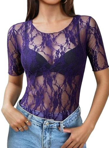 Avidlove Sexy Top de Encaje para Mujer Blusa de Malla Top de Manga Corta para Verano Camisa Elegante con Estampado Floral Cuello Redondo Camiseta