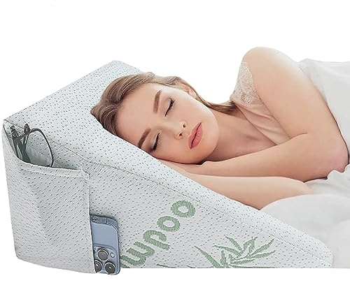 Premium Bamboo Wedge Pillow Memory Foam – Orthopedic Back & Neck Support Cushion, Cooling Breathable Zip Cover, Bed Rest Reading Pillow with Side Pocket for Sleep, Acid Reflux, GERD, Snoring Relief