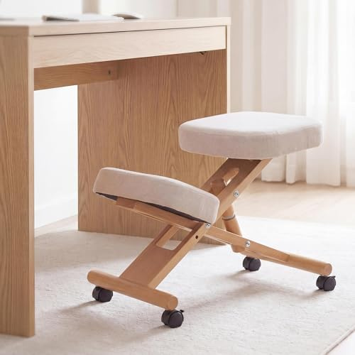Mendler Kniestuhl HWC-Q46, höhenverstellbar Rollen - Creme | Sitz-/Kniehocker, Stoff/Textil (200g/m²), Holz