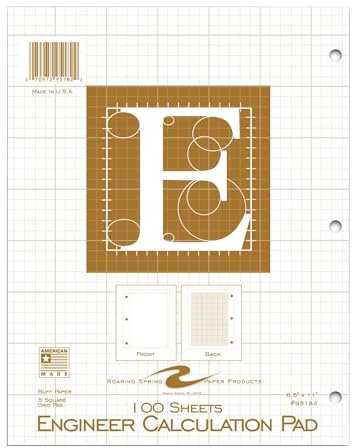 ROARING SPRING Graph Ruled Engineering Pad, Engineering Graph Paper Pad, 5x5 Enclosed Grid, 8.5 x 11, 100 Sheets, 3 Hole Punched, Buff Tinted Sheets, Made in USA