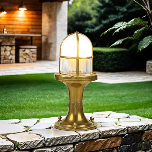 Licht-Erlebnisse Sockelleuchte Messing Glas IP54 Garten Terrasse H:25 cm E27 bis 18 W nostalgisch Rustikal Maritime Outdoor Wegeleuchte Außen SANTORIN