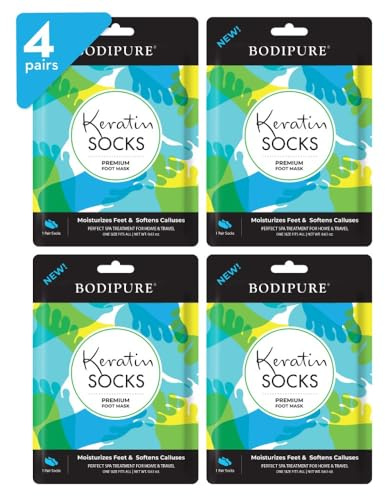 Bodipure PremiumFoot Mask Keratin Socks | At Home Spa Moisturizer Socks for Dry Cracked Feet, Callus & Heel Softening | Easy-to-Use Pedicure Foot Repair | Chemical-free Feet Treatment | 4 Pairs