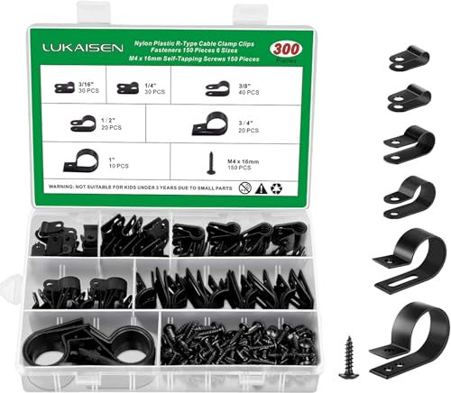 Cable Clips for Cable Management Cord Organizer, 6 Sizes 300 PCS Nylon R-Type, 3/16'' 1/4'' 3/8'' 1/2'' 3/4'' 1'' Black Plastic Screw Mounting Cord Fastener Clamp Assortment Kit with M4 Screws
