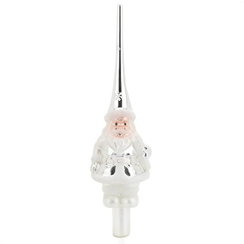 com-four® Weihnachtsbaumspitze glänzend - Christbaumspitze aus echtem Glas für Weihnachten - Tannenbaumspitze mit Weihnachtsmann (28cm - Weihnachtsmann Frosty Silver)