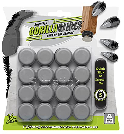 GorillaGlides 1 Inch Chair Sliders/Furniture Floor Protectors (16 Furniture Glides) Self-Adhesive Screw On Chair Glides for Sliding on Low-Pile Carpet & Hard Surface Floors, Round