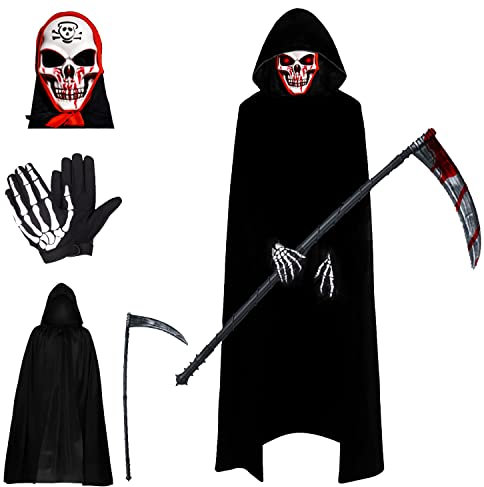 Yi'antai Sensenmann Kostüm Halloween, Halloween Umhang Set mit Maske Handschuhe und Plastiksense, Unisex Cape 140 cm für Halloween Party Dekoration Cosplay