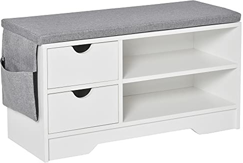 HOMCOM Banco Zapatero con Asiento 2 Estantes Bolso Cojín Extraíble y 2 Cajones Banco Recibidor Capacidad para 4 Pares de Zapatos para Entrada Pasillo Moderno 80,5x30,5x43,5 cm Blanco y Gris