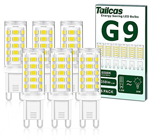 Tailcas Bombillas LED G9 3.5W, Blanco Frio 6000K, Equivalente a 28W 33W 40W Halógena Lampara, 350LM, Sin Parpadeos No Regulable, CRI>80, Ángulo de haz de 360 grados, AC220-240V, Paquete de 6