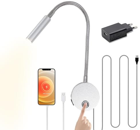 Lampada da Muro, Luce da Lettura a Parete Dimmerabile con Porta di Ricarica USB, Touch Control, LED Lampada da Lettura Flessibile a Collo di Cigno con Spina e Interruttore, Applique per Letto, Libro