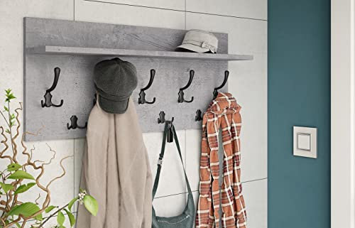 Design Garderobe Garderobenpaneel 90 x 40 cm Beton Betonoptik - Schwarz matt mit Hutablage Kleiderhaken Finlo
