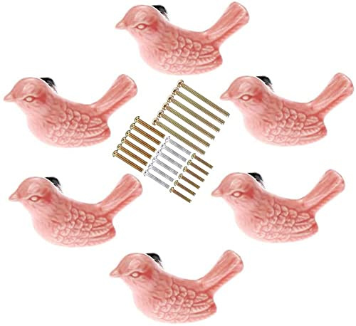 Keramikknäufe in Vogelform, 6 Stück, niedliche Schubladengriffe, zum Selbermachen, Schrank, Kommode, Kleiderschrank, Kinderschrank, Tür, Küchenmöbel, Dekoration mit Befestigungsschrauben (Rosa)