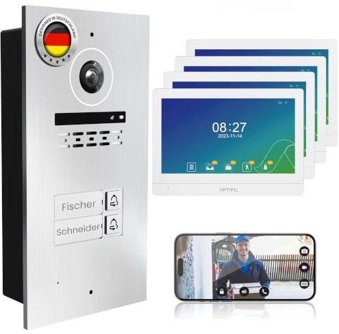 Mathfel 2-Draht Video Türsprechanlage mit Gravur – WLAN Monitor, 2MP HD Kamera, 170° Weitwinkel, Türklingel mit Kamera & Türöffner für 2-Familienhaus (Silber, 4 x 10)