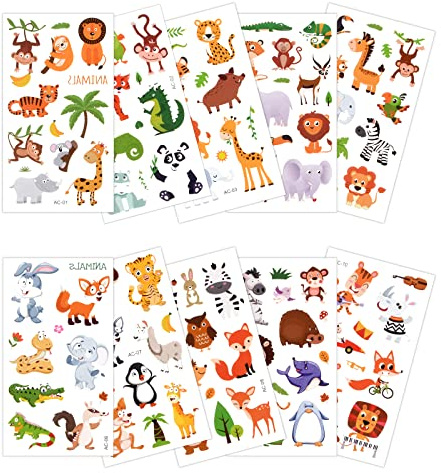 10 Blätter Waldtier-Tattoos für Kinder - Wasserdichte Temporäre Aufkleber für Zoo, Party, Dekoration