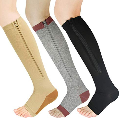YUSHOW 3 Paar Kompressionsstrümpfe Damen Herren Stützstrümpfe 15-20 mmHg | mit Reißverschluss Medizinisch Kompressionssocken Offenen Zehen Compression Socks für Ödeme, Sport, Laufen