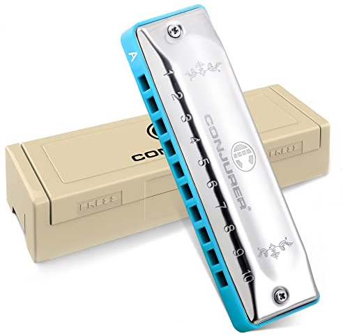 Conjurer Blues Mundharmonika A-Dur Anfänger& Kinder Blues Harp A 10-Loch Diatonische Harmonika Instrument Muntamonika mit hochwertigen Messing Stimmzungen und Hervorragender Klang, 1002 A Dur, Silber