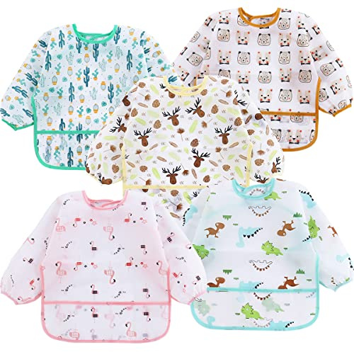 PandaEar 5 Pack Long Sleeve Bibs for Babies 6-24 Months, Lightweight Waterproof Toddler Smock for Eating & Messy Art, Washable Weaning Bibs with Stay-Open Pocket, Breathable & Travel-Friendly