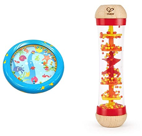 Musik für Kleine Meerestrommel Musikspielzeug für Kleinkinder und Babys ab 1 Jahr - 18 cm Durchmesser, blau & Hape Regenmacher | Mini-Rassel aus Holz Regenmacher-Spielzeug, Rot